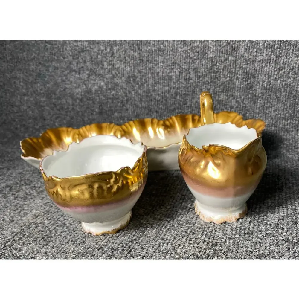 Haviland Limoges Porcelain Gold Gilded Creamer & Sugar Bowl w/Plate Set c1900